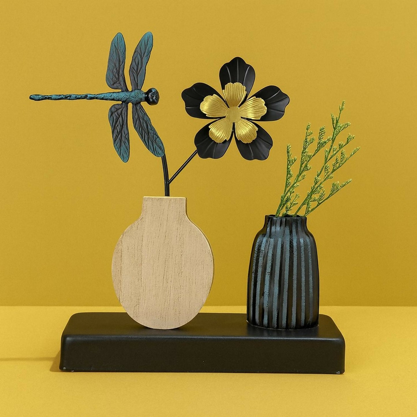 Decorative Metal Dragonfly & Flower Showpiece with Wooden Base – Black & Gold Artificial Flower Vase with Side Pot, Modern Tabletop Home Décor for Living Room, Bedroom, Office & Gift Purpose