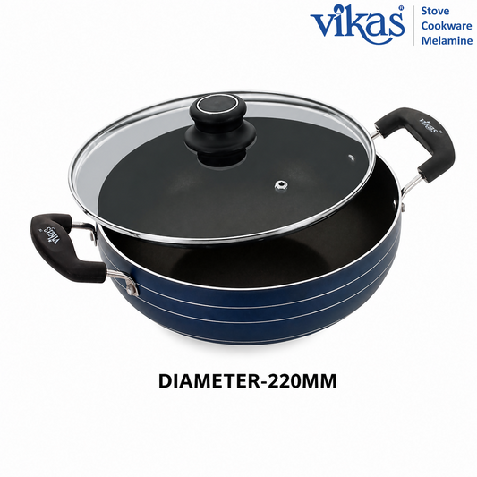 VIKAS Deep Kadai with glass lid and ergonomic handles