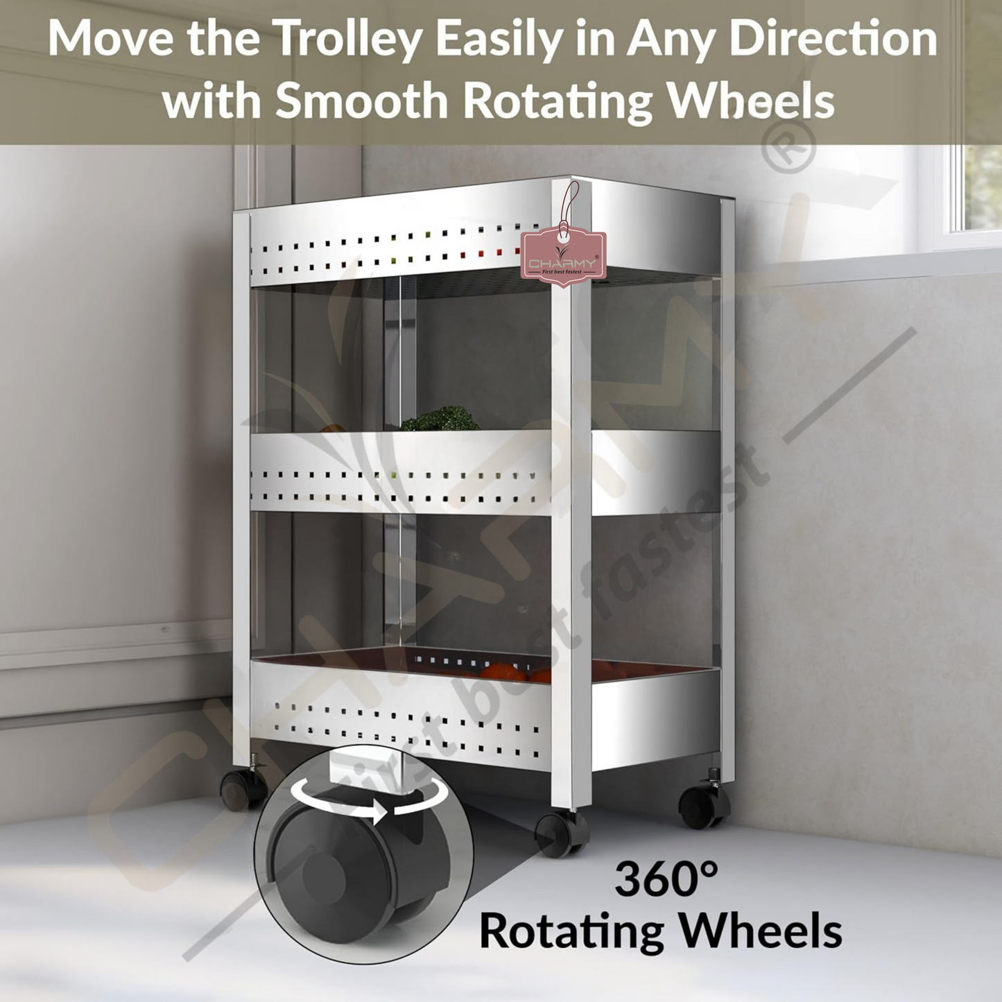 Stainless Steel 3-Tier Vegetable Storage Trolley Silver