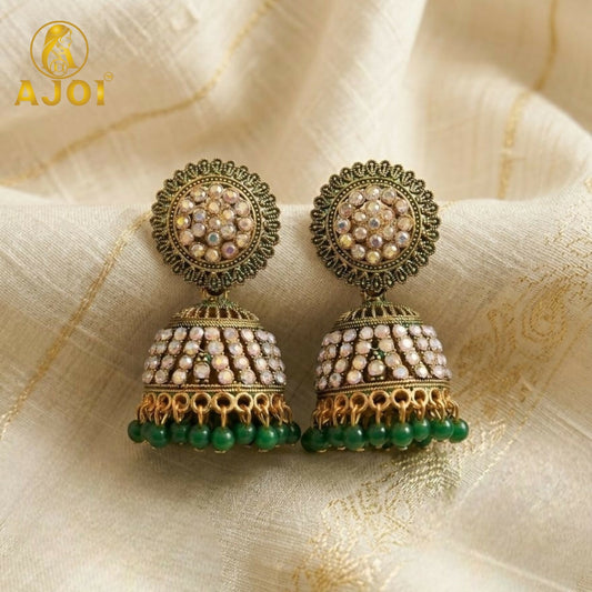 Antique Gold Pearl Jhumka Earrings with Elegant Green Bead Drops