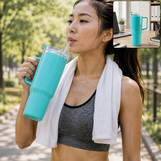 A woman in athletic wear drinks from a large aqua blue tumbler with a handle and straw outdoors. Inset shows the tumbler on