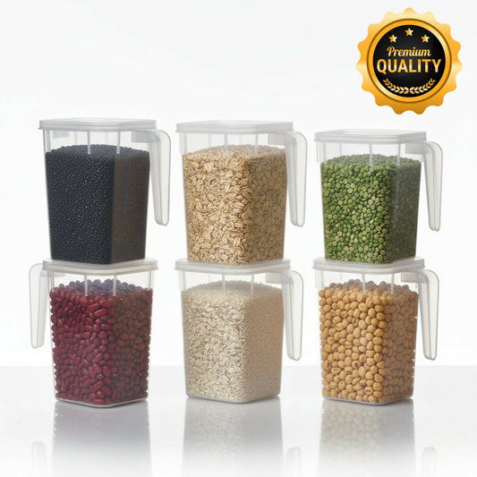 Pack of 6 clear storage containers with handles