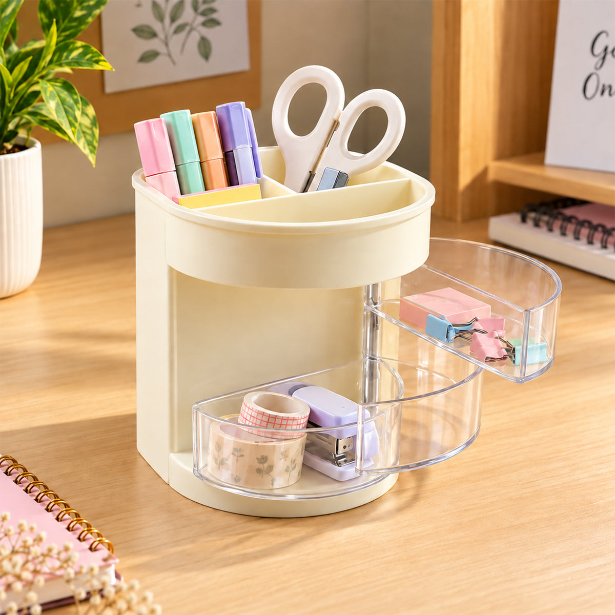 Plastic Pen Holder with 6 Compartments and Clear Drawers for Desk Organization