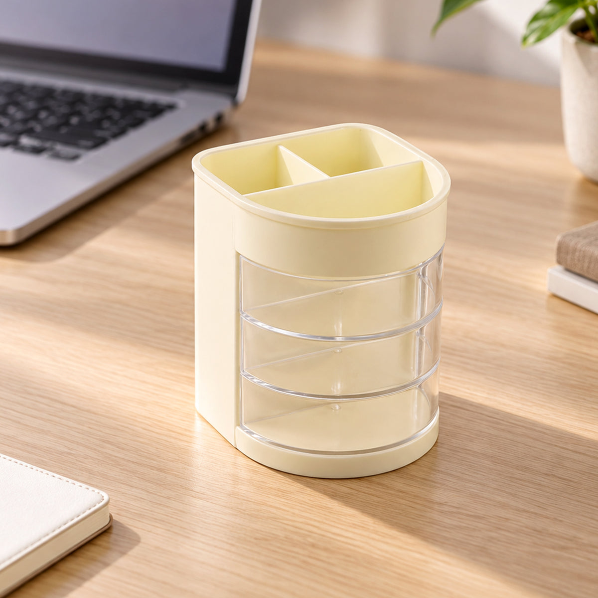 Plastic Pen Holder with 6 Compartments and Clear Drawers for Desk Organization
