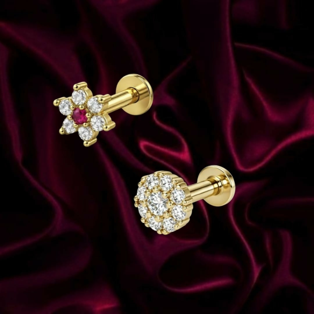 Gold plated flower cluster nosepin stud with ruby center and diamond-like stones