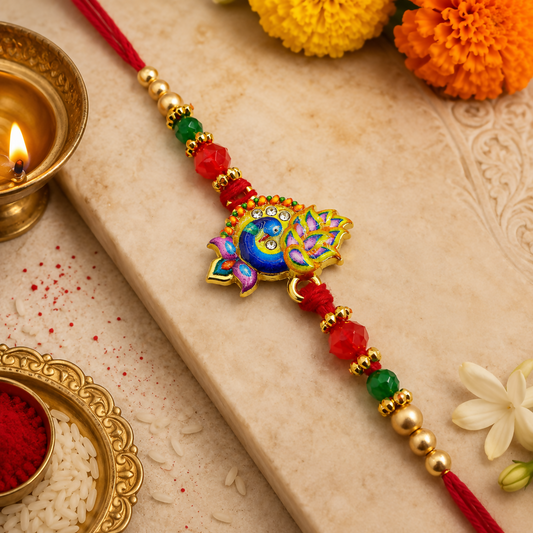 A golden-plated peacock enamel design with crystal stones and beaded thread is shown on a marble surface with a lit diya,