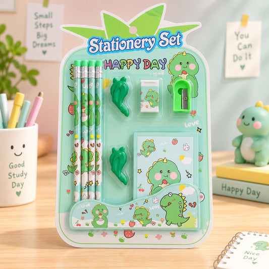 A complete dinosaur-themed stationery set in a pineapple-shaped blister pack, including pencils, erasers, sharpener, and