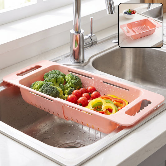 Adjustable plastic over the sink drain basket colander with handles