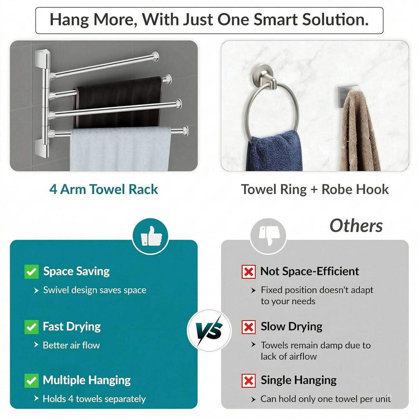 Premium Glossy Stainless Steel Wall Mounted 4 Rod Towel Holder Rack