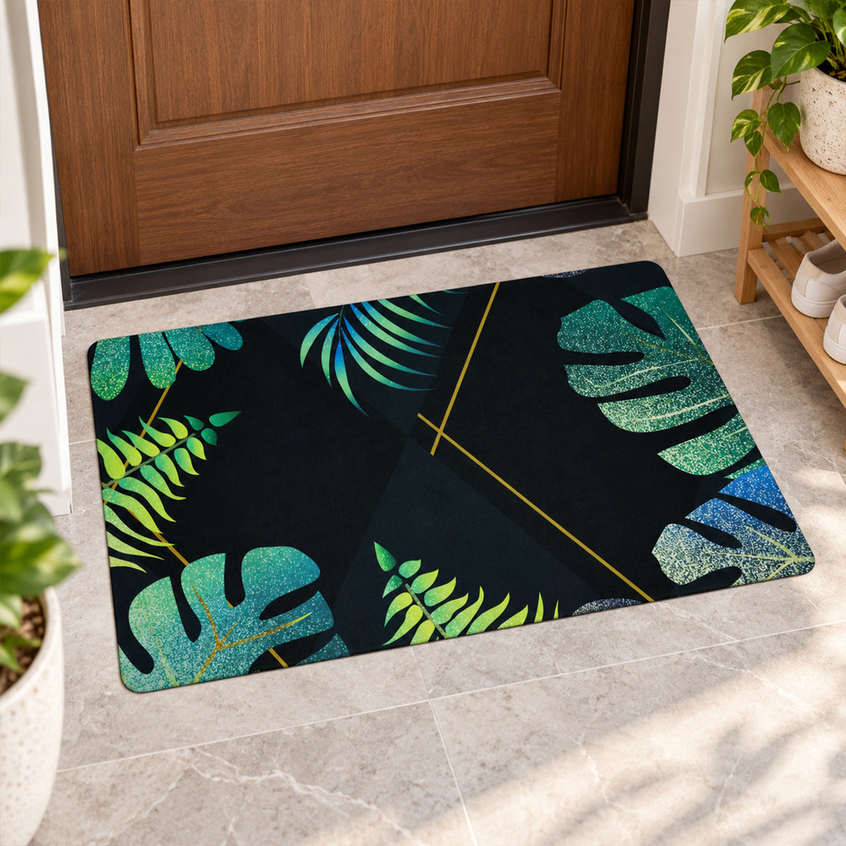 Decorative Tropical Leaf Print Floor Mat for Indoor Doorways (1 Pc, 59.5x40 Cm)