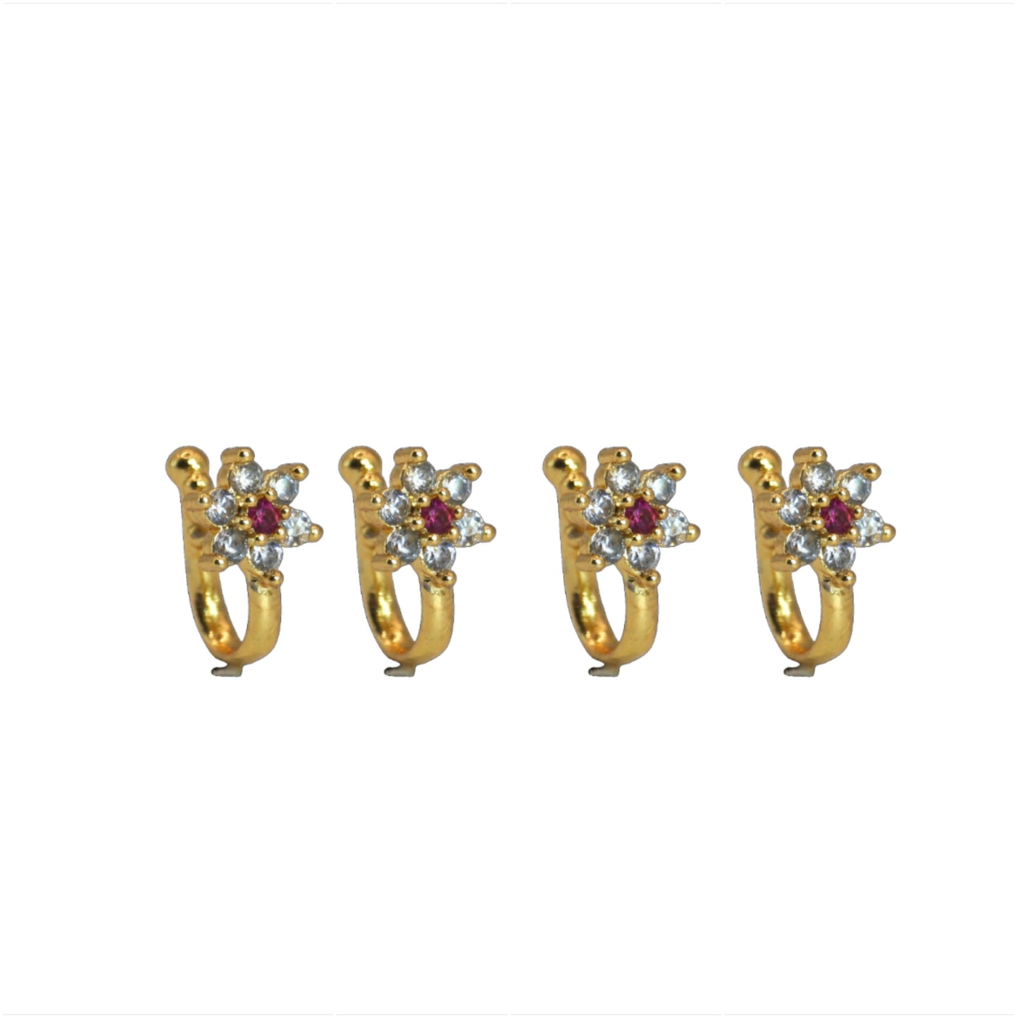 Gold Plated Floral Red & White Stone Clip-On Nose Ring for Women Combo Pack of 4