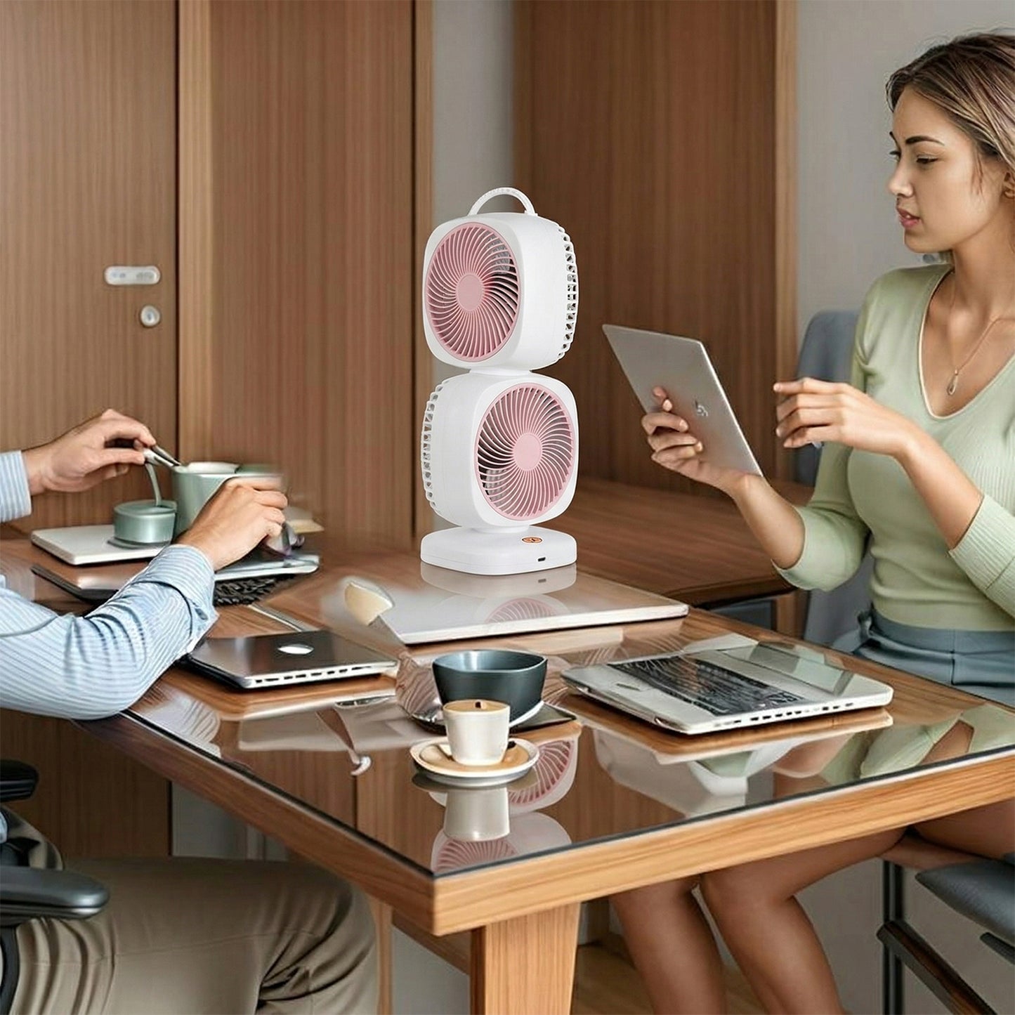 Dual head desk fan with adjustable angle
