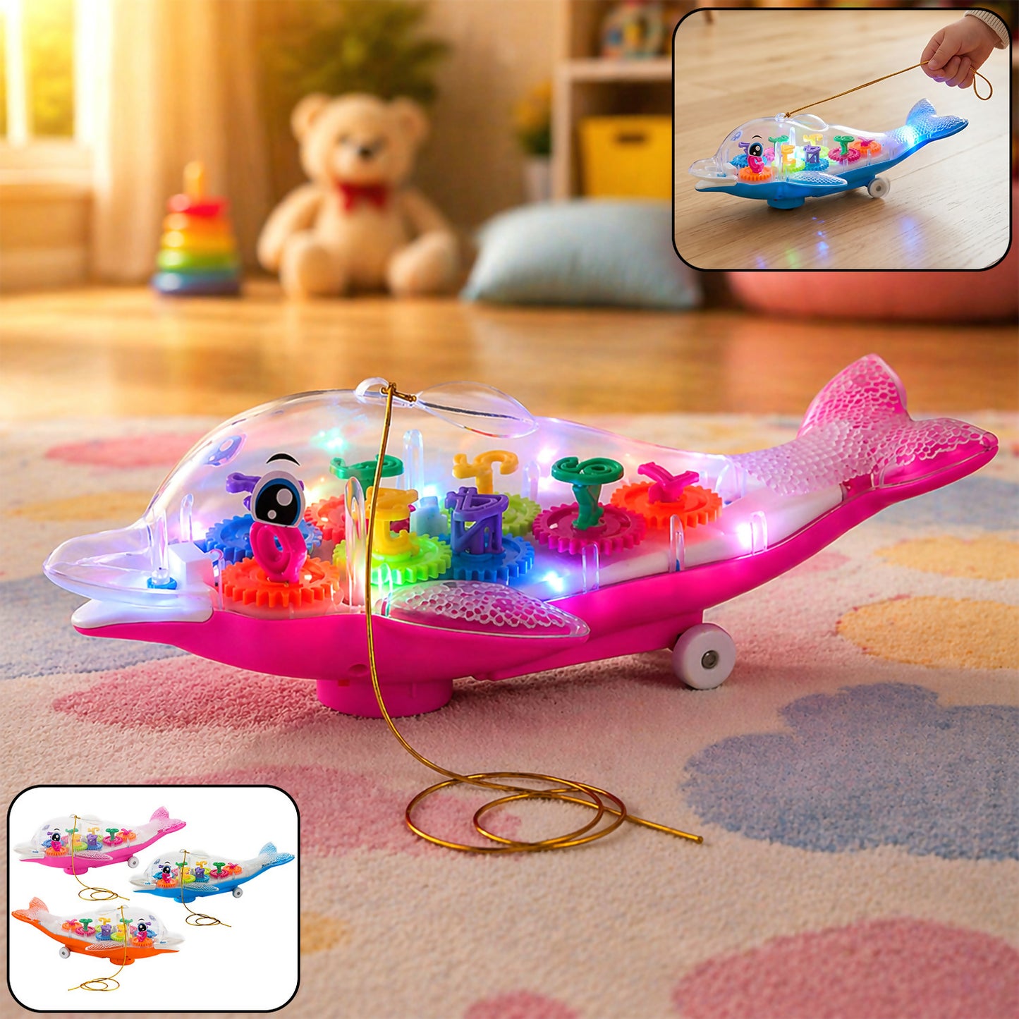 Colorful Musical Light-Up Dolphin Toy with Rotating Gears and Pull String for Kids
