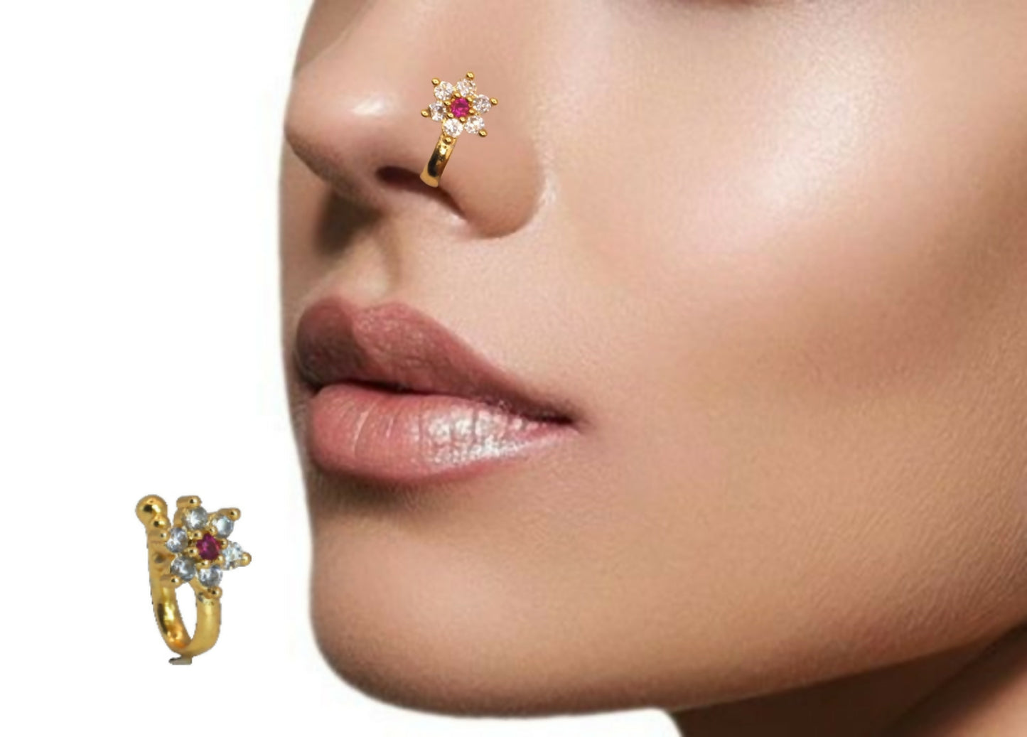 CZ Flower & Line Non-Piercing Nose Ring/Nath Set Combo Pack of 2