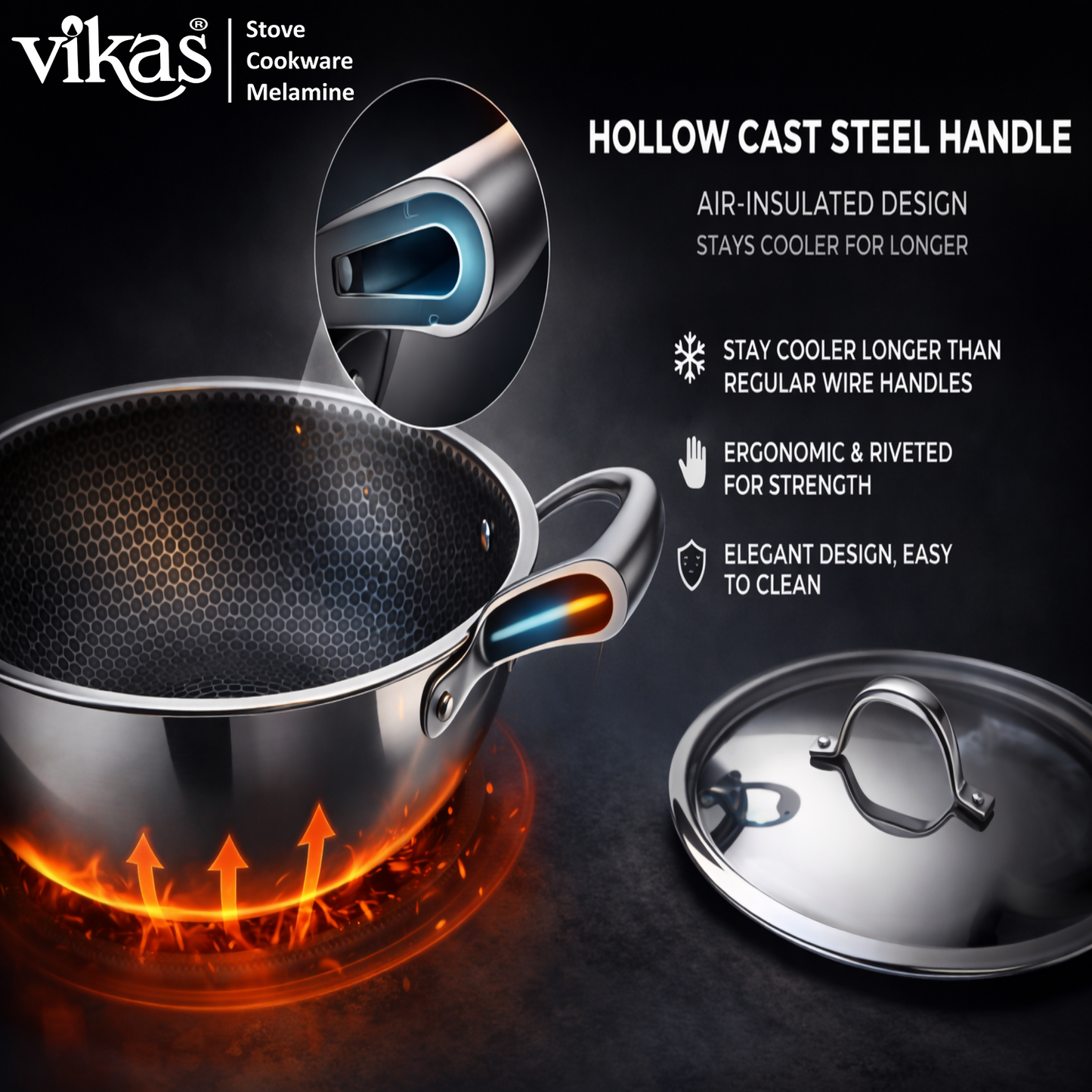 Hollow cast steel handle on Vikas Honeycomb Kadai