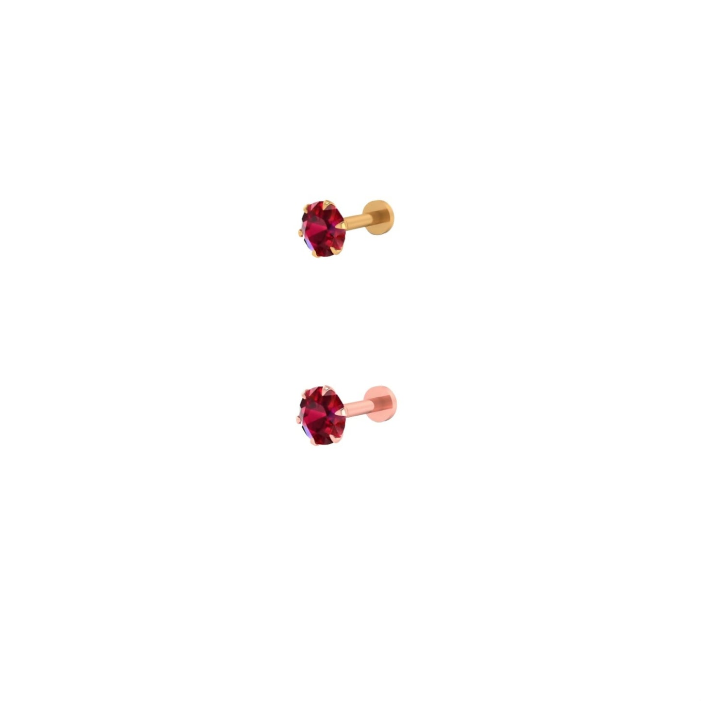 Side angle of red ruby nose stud highlighting the flat back labret design in gold plating