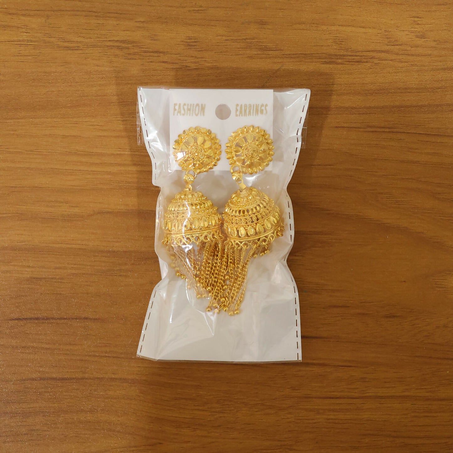 Traditional Gold Tone Jhumka Earrings with Red Bead Tassel Design For Woman And Girl