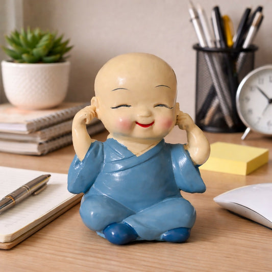 Cute Monk Covering Ears Showpiece Baby Figurine for Desk Decor