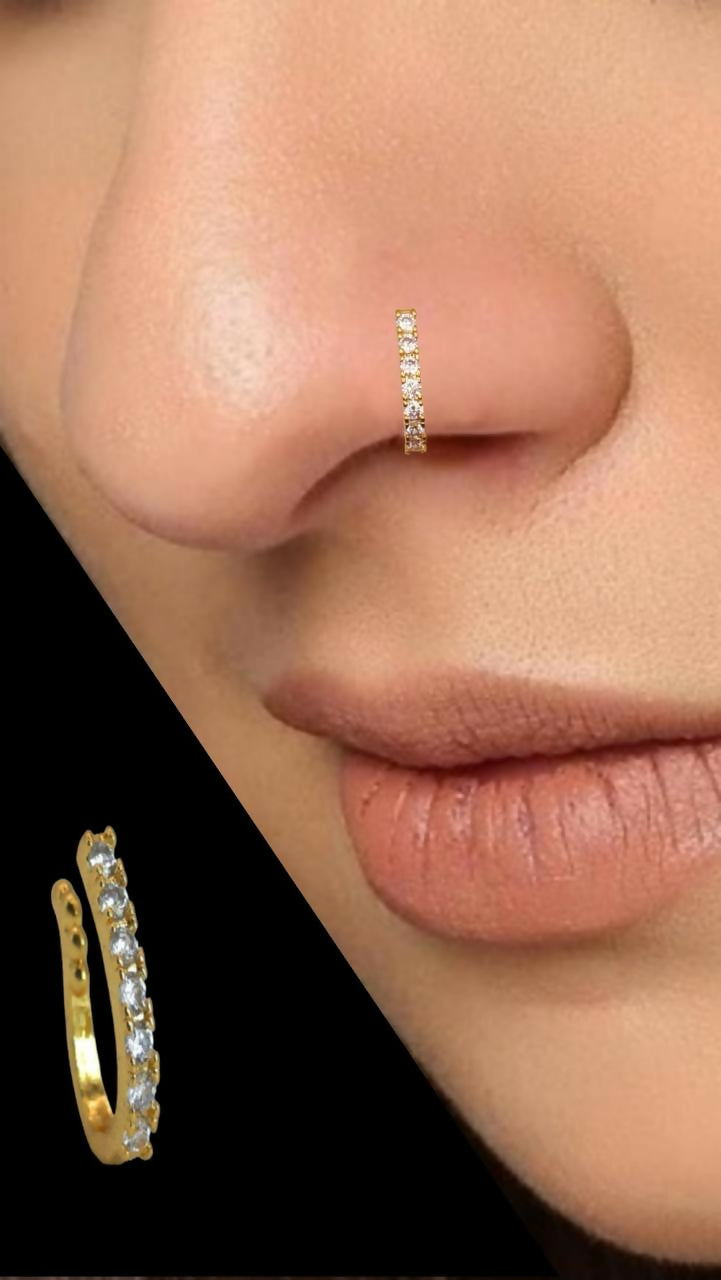 Ruby & CZ Gold Plated Non-Piercing Flower Nose Ring/Nath Combo Pack of 3