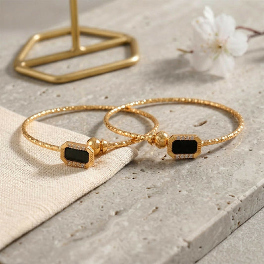 Gold Plated Black Stone Designer Open Bangle Bracelet for Women