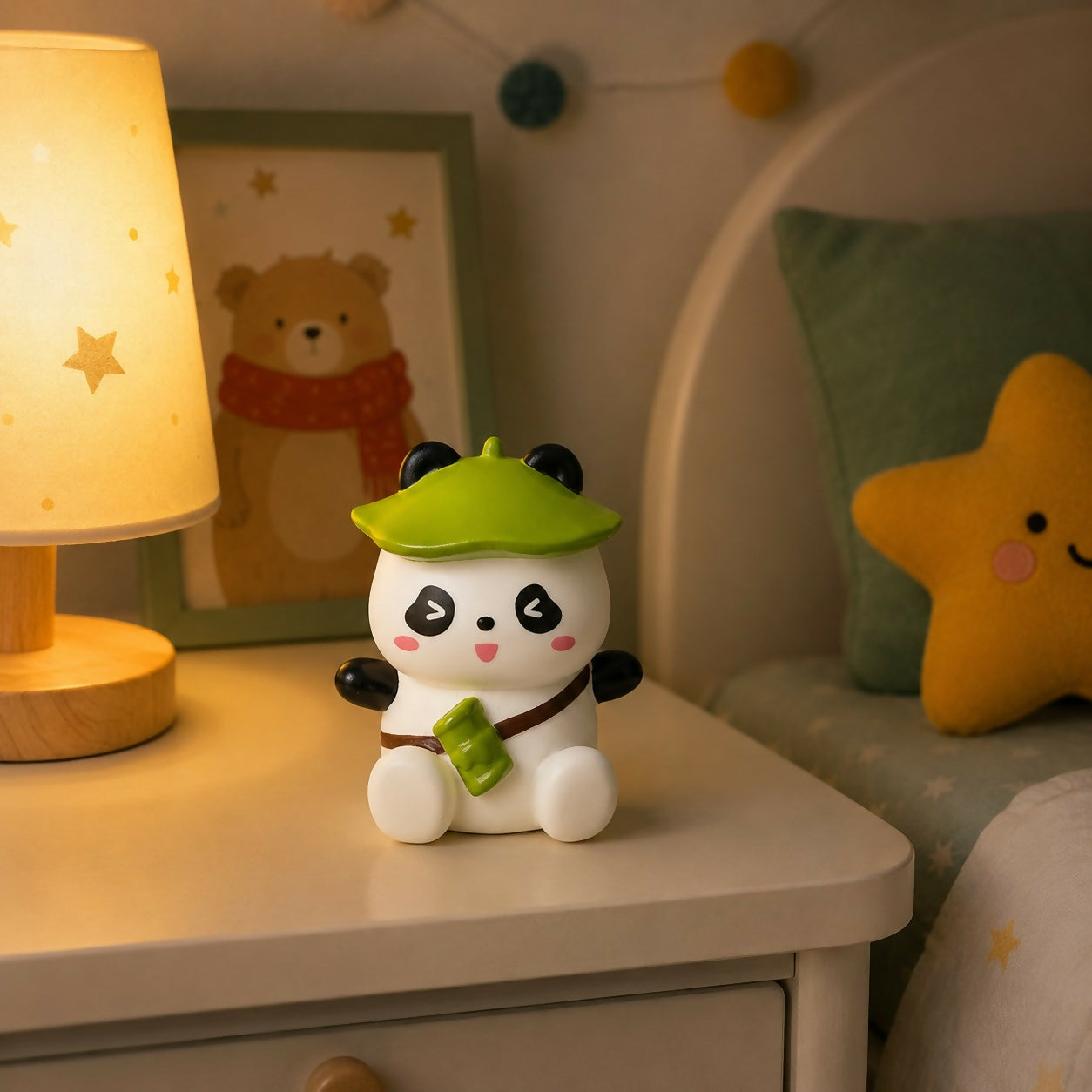 Side view of panda silicone night lamp with green hat