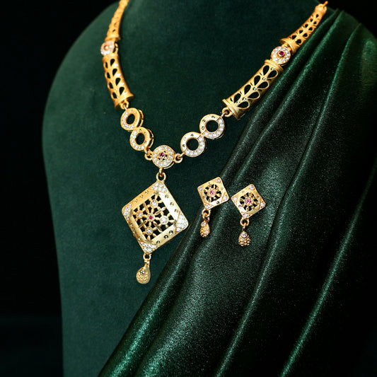 Gold Plated Square Pendant Necklace Set with AD Stones & Filigree Design