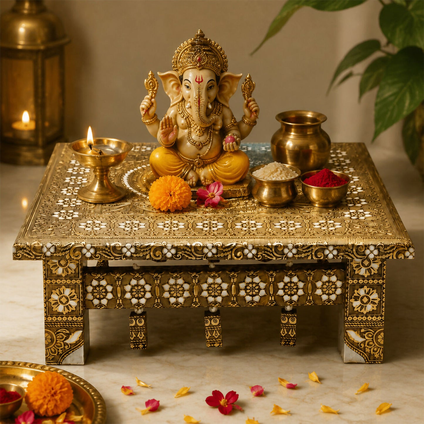 Pooja Chowki used as a platform for a deity idol and small lamps, enhancing mandir decor.