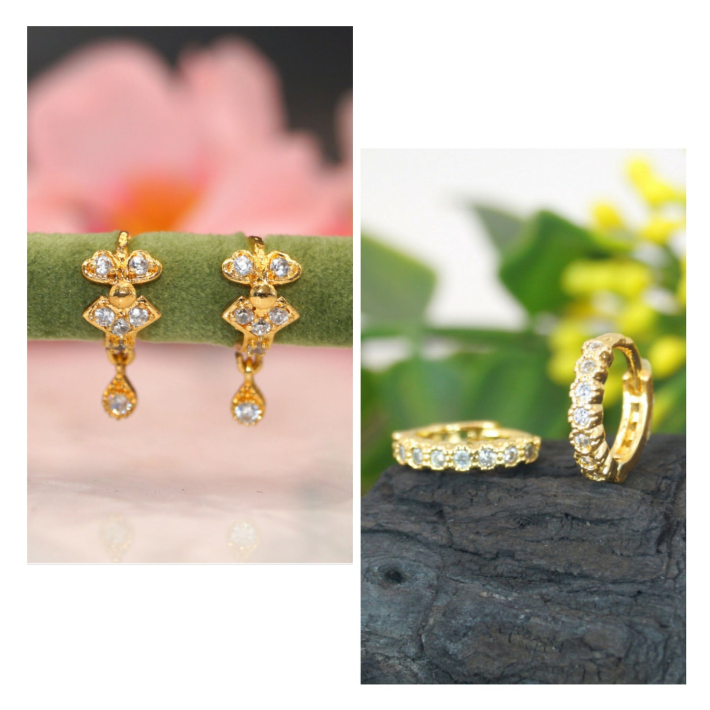 Gold huggie hoop earrings and flower dangle earrings set with cubic zirconia accents