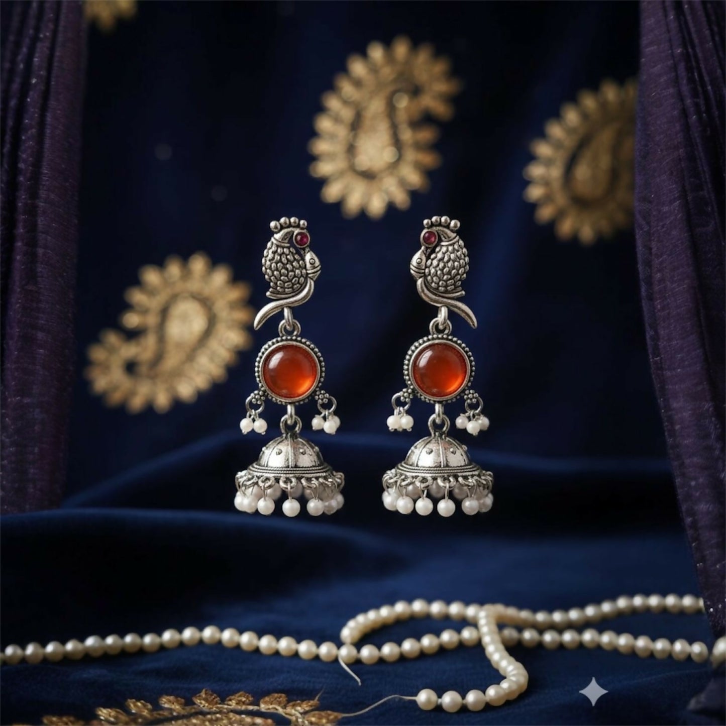 Oxidised Bird Design Jhumka Earrings with Stone Center and Pearl Drops for Women