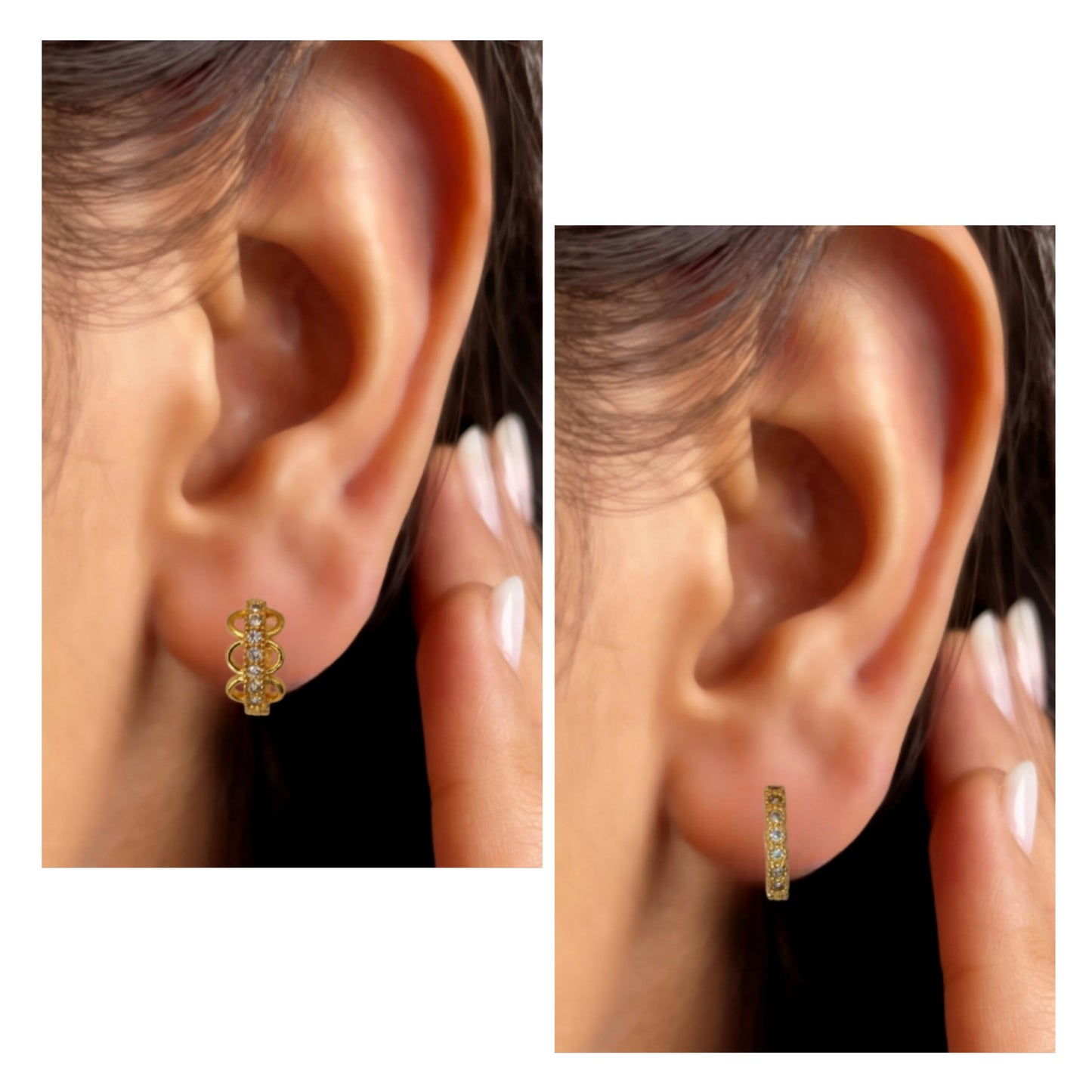 Side view of gold plated huggie hoop earrings showcasing smooth finish and stylish design.