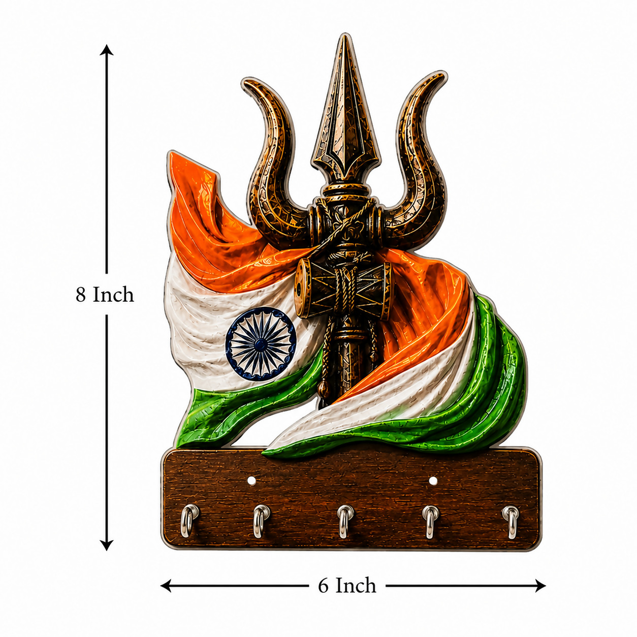 Trishul key holder with keys hanging on 5 metal hooks
