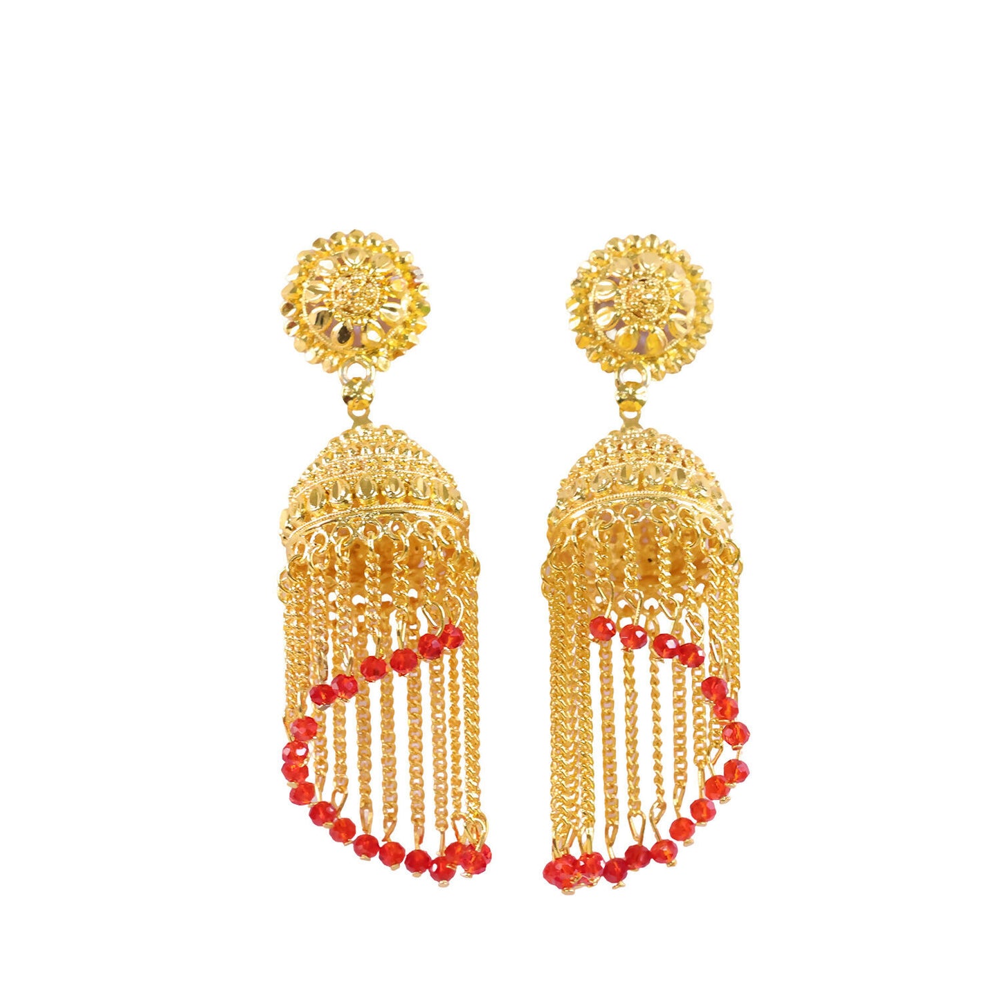 Traditional Gold Tone Tassel Jhumka Earrings Long Chain Drop Ethnic Earrings for Women