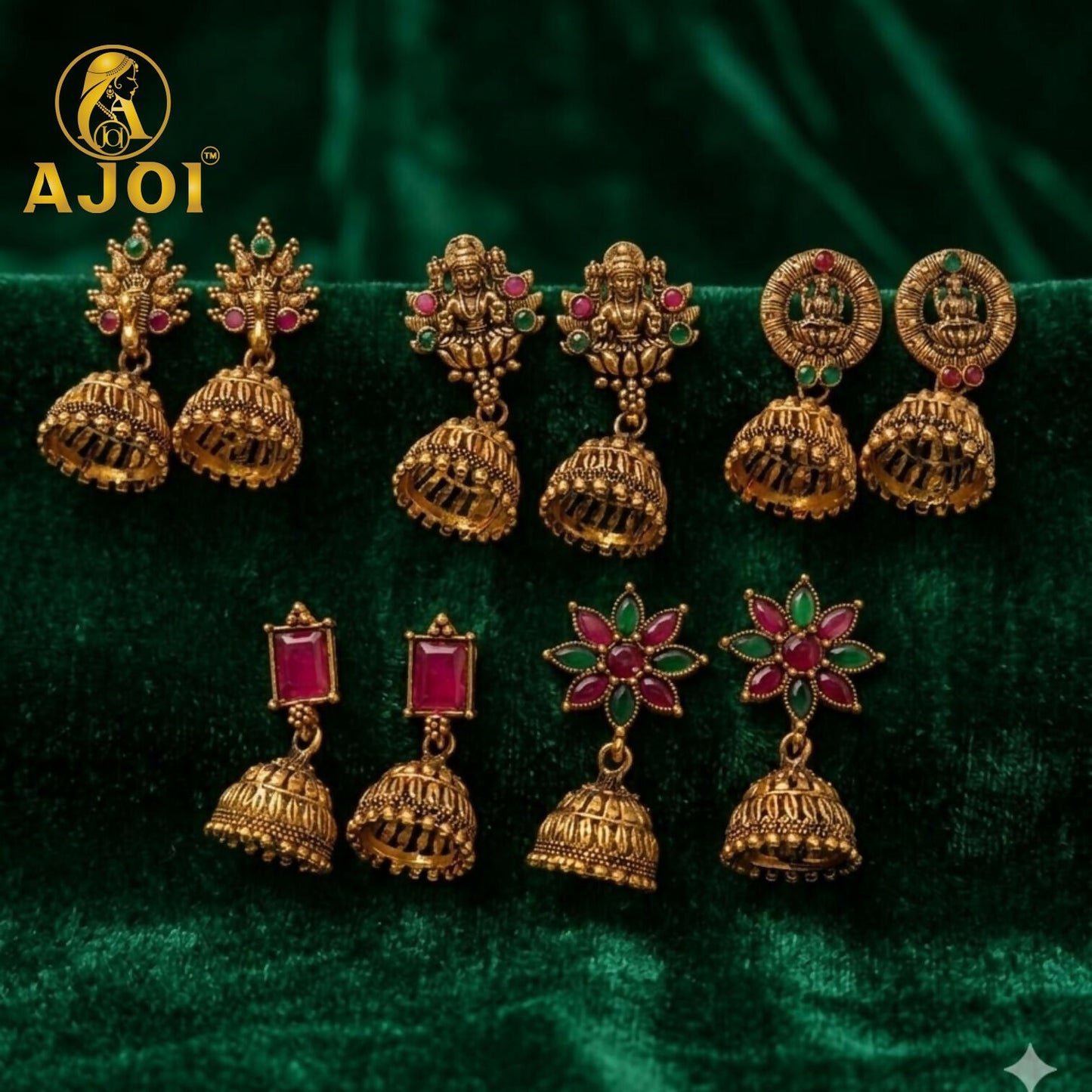 Side view of temple gold jhumka earring with ruby and emerald stones