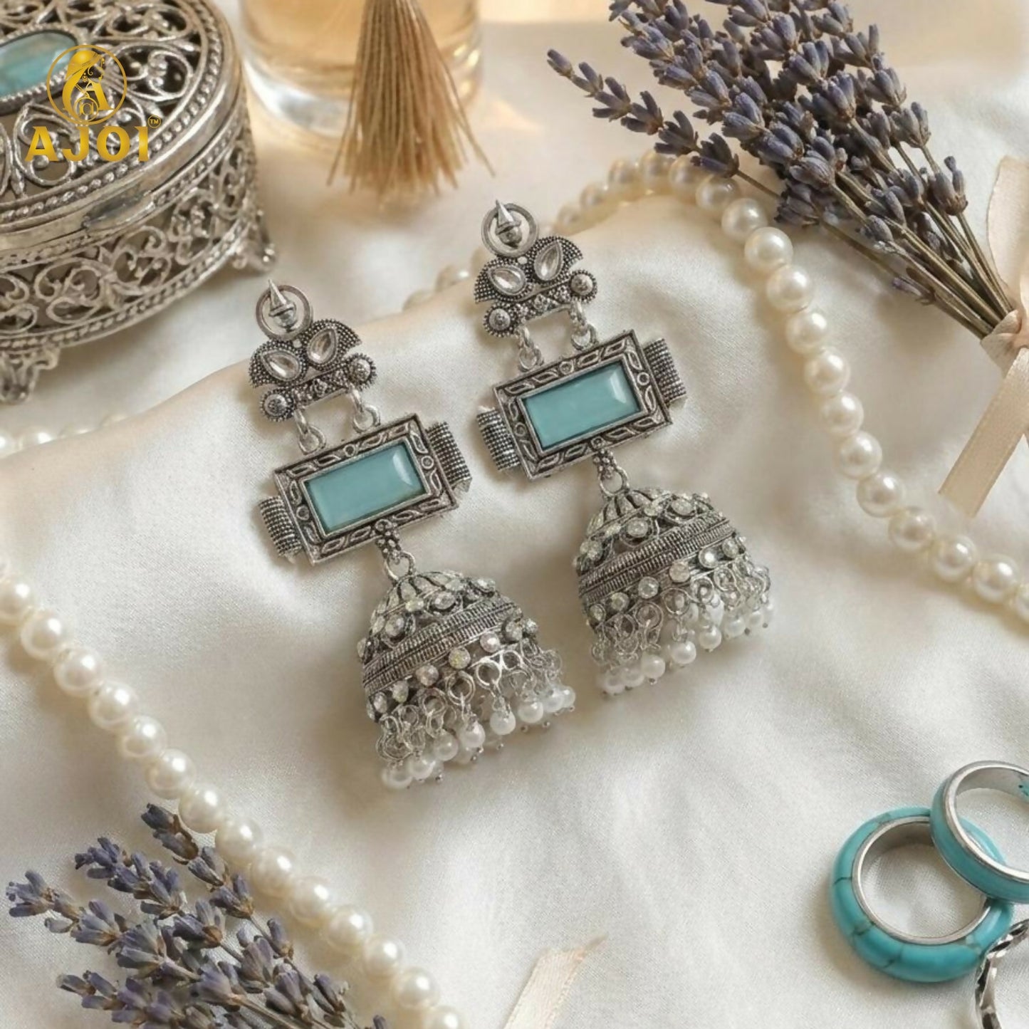 Heritage Royal Oxidized Silver Jhumka Earrings with Aqua Stone Earring