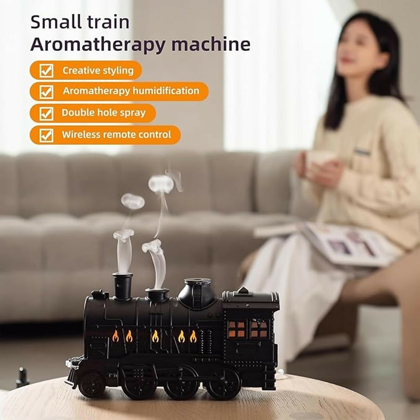 Train-Shaped Aroma Diffuser with Double Spray, Flame Lights & Timer Modes
