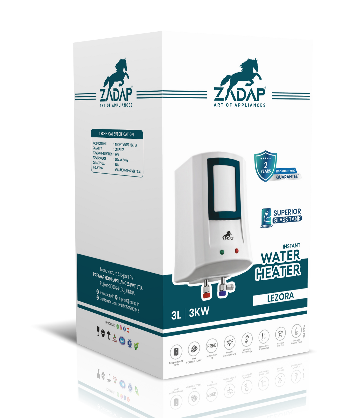 ZADAP 3kW Instant Geyser 4 Way Safety (3L)
