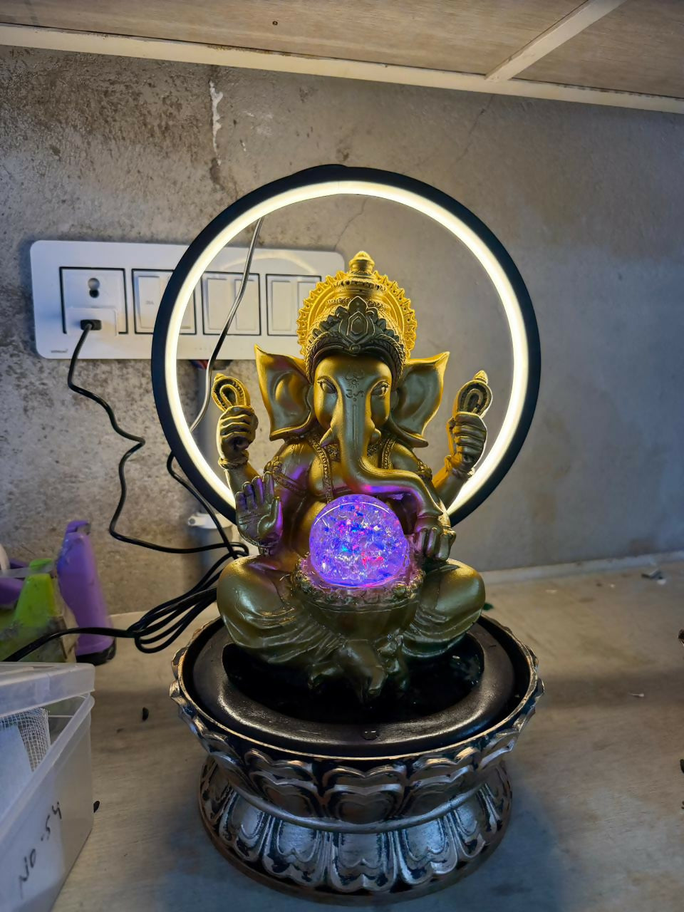 Lord Ganesha LED Water Fountain with Halo Ring Light