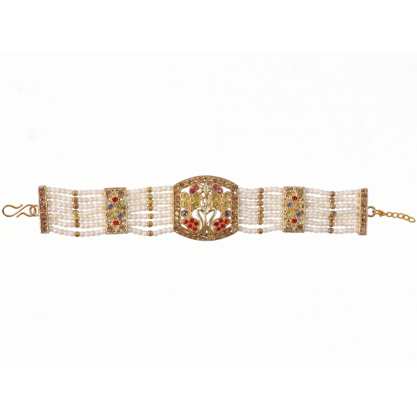 Side view of pearl and stone encrusted bridal bracelet