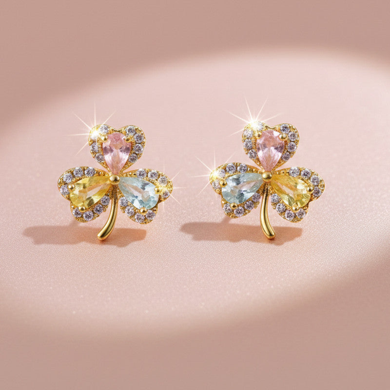 Multicolor Crystal Clover Stud Earrings with Gold Finish for Women