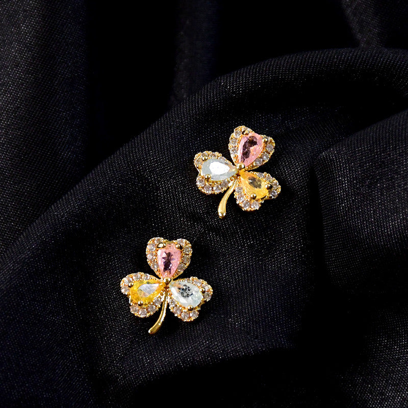 Multicolor Crystal Clover Stud Earrings with Gold Finish for Women