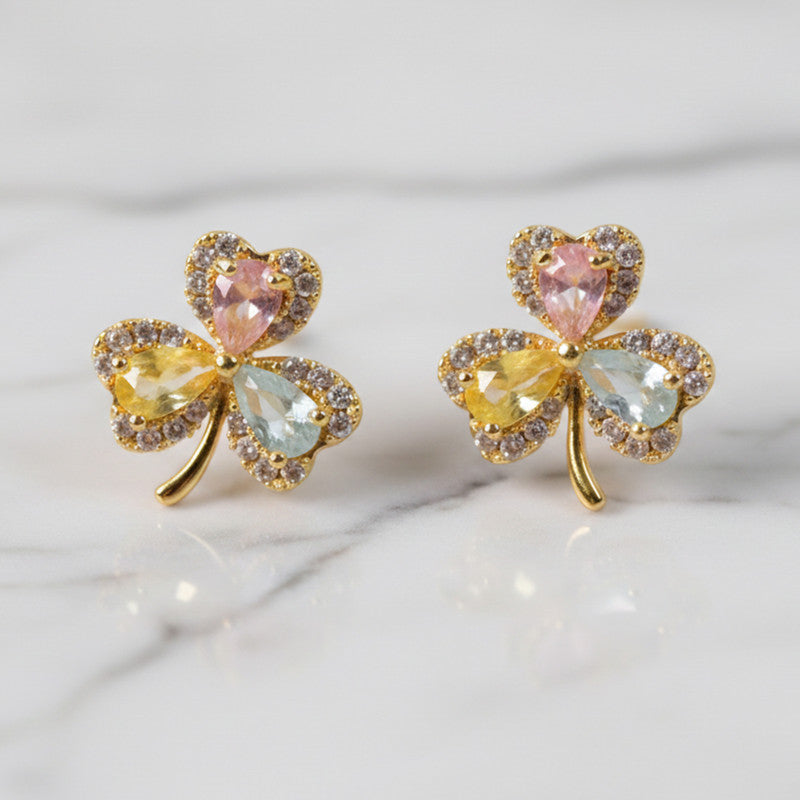 Multicolor Crystal Clover Stud Earrings with Gold Finish for Women