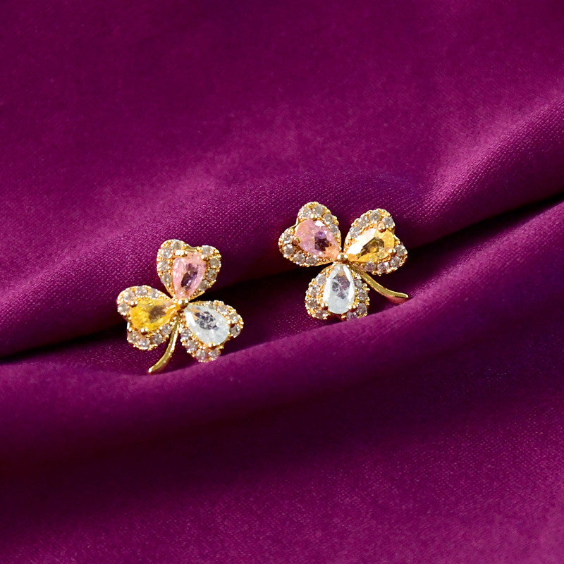 Multicolor Crystal Clover Stud Earrings with Gold Finish for Women