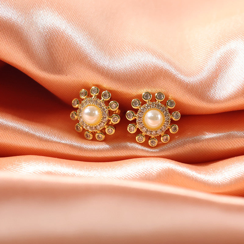 Pearl Center Floral Stud Earrings with Gold Finish for Women