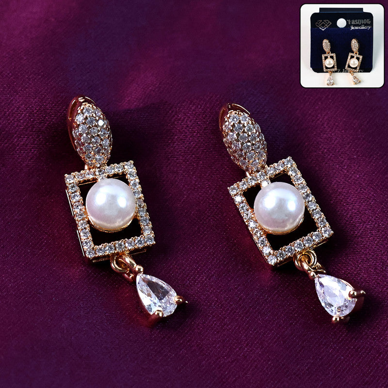 Stylish Pearl and CZ Stone Rectangle Drop Earrings for Women