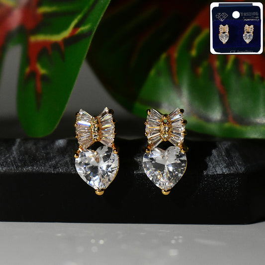 Elegant Heart Shape Bow Design CZ Stone Stud Earrings for Women