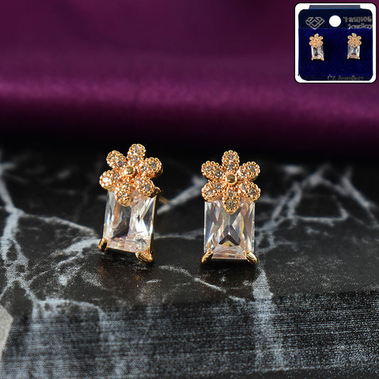 Stylish Floral Top Rectangular CZ Stone Stud Earrings for Women
