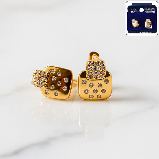 Trendy Dual Square Gold Plated CZ Stone Stud Earrings for Women