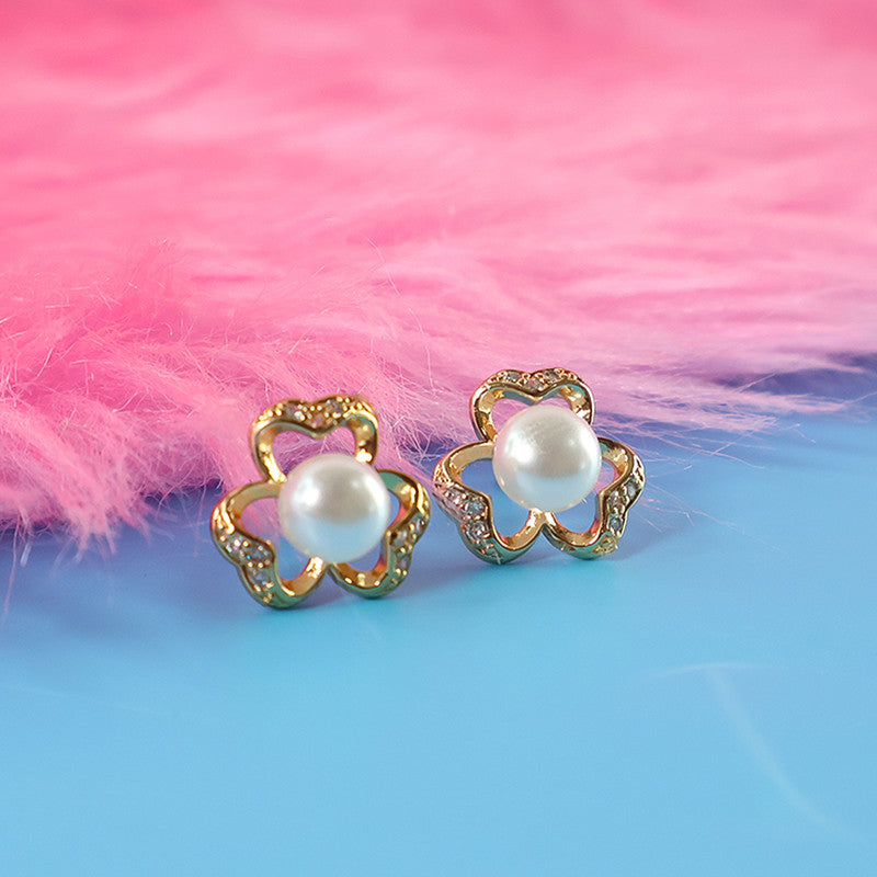 Charming Floral Pearl and CZ Stone Stud Earrings for Women