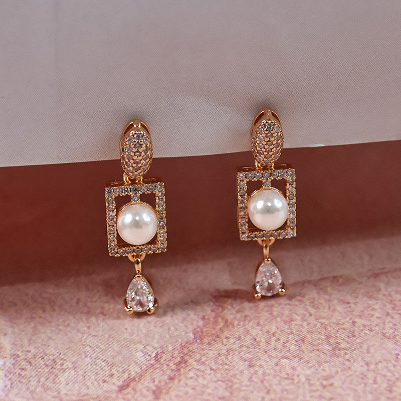 Stylish Pearl and CZ Stone Rectangle Drop Earrings for Women