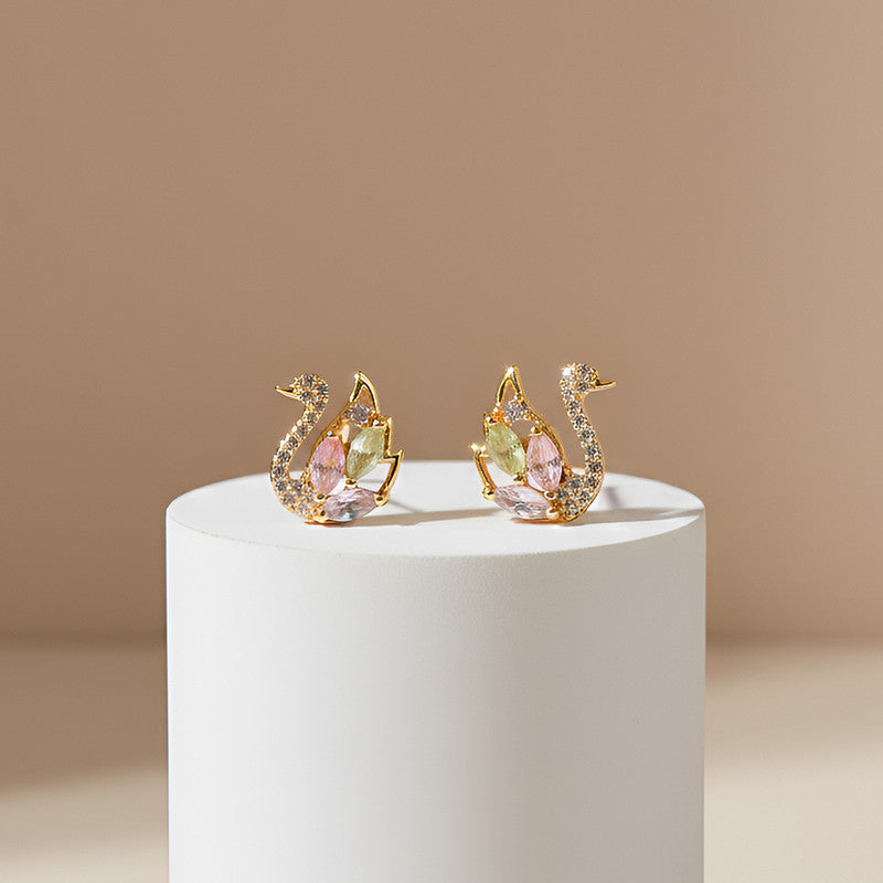 Multicolor Crystal Swan Stud Earrings with Gold Finish for Women